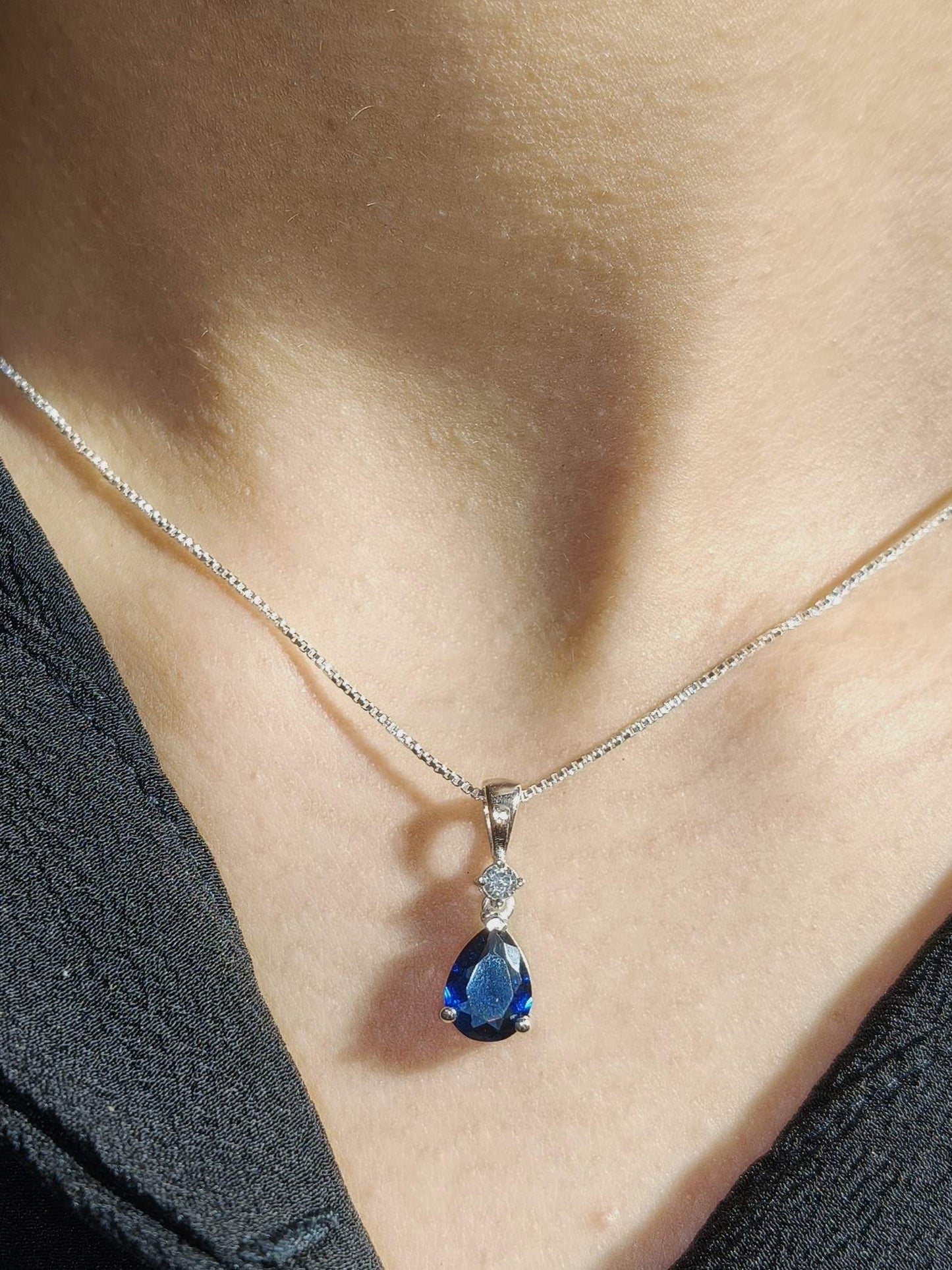 Blue Sapphire Pear Silver Pendant