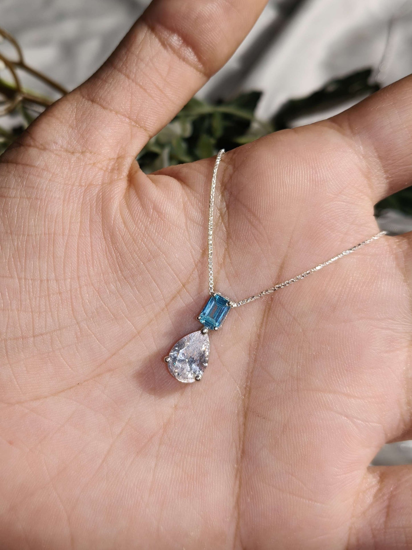 Aqua Emerald & Pear Silver Pendant