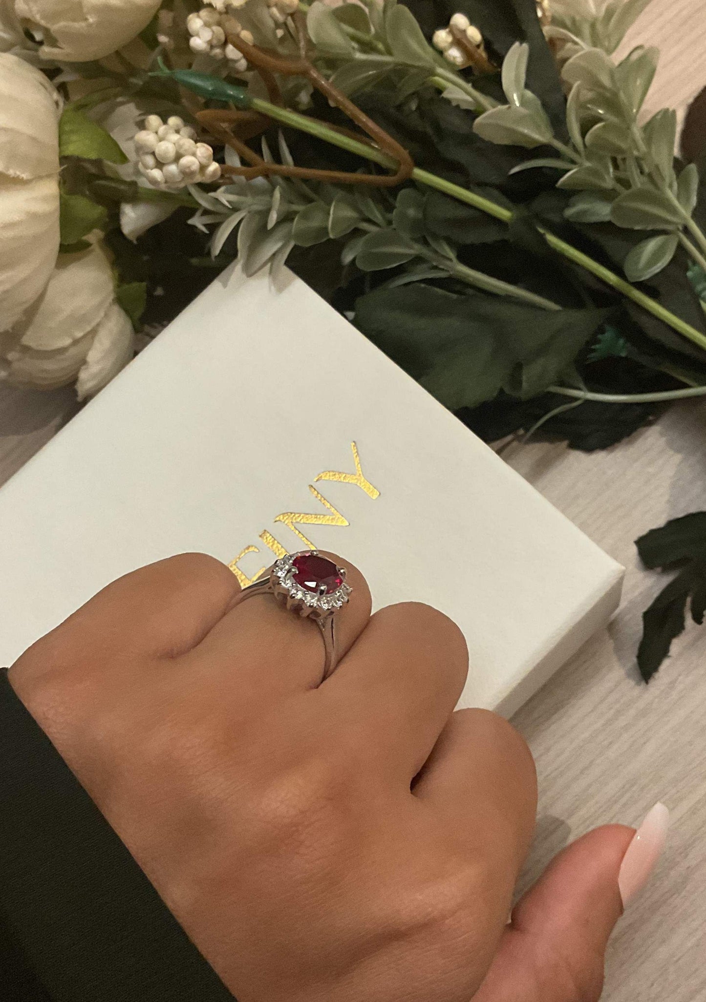 Ruby Red Halo Oval Solitaire Silver Ring