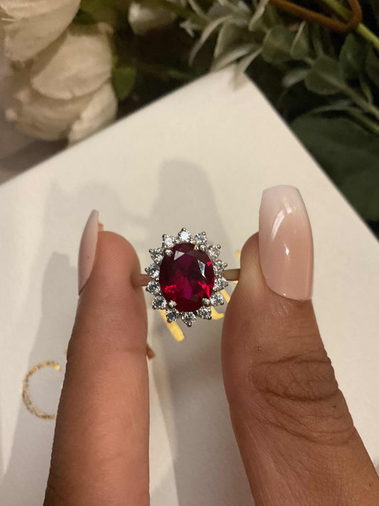 Ruby Red Halo Oval Solitaire Silver Ring