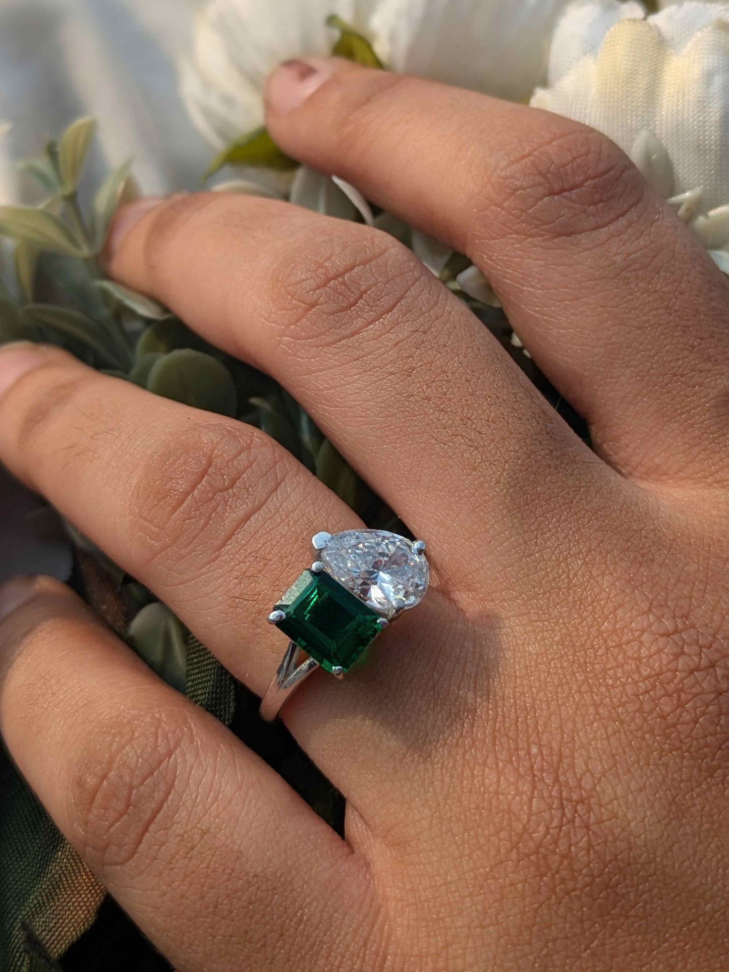 Green Emerald & Pear Toi Et Moi Solitaire Silver Ring