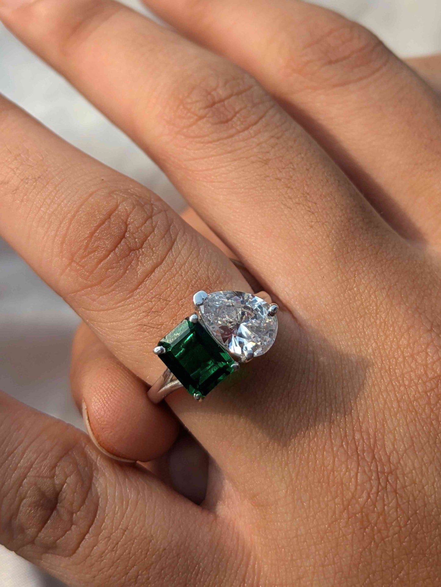 Green Emerald & Pear Toi Et Moi Solitaire Silver Ring