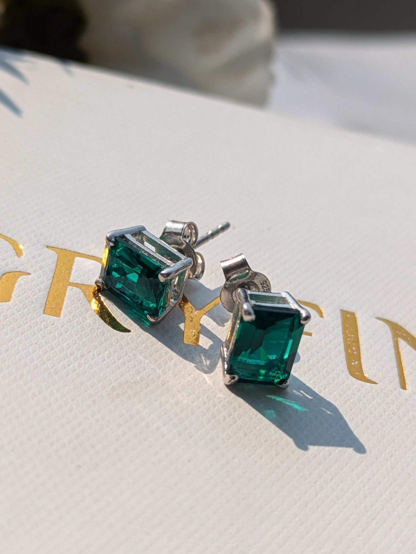 Green Emerald Stud Silver Earring