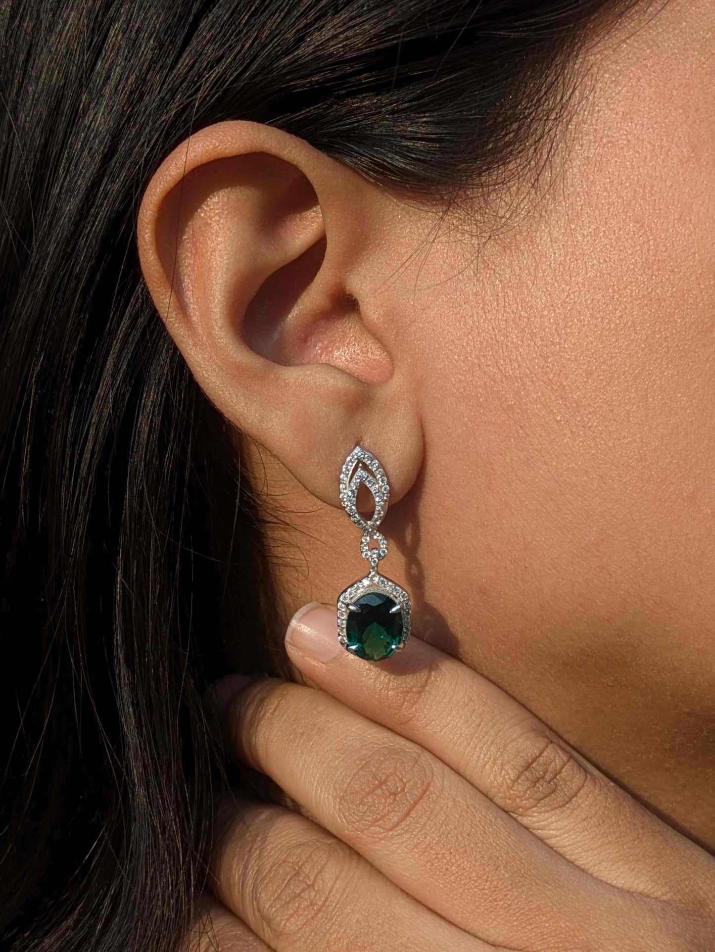 Green Oval Silver Dangler Earrings