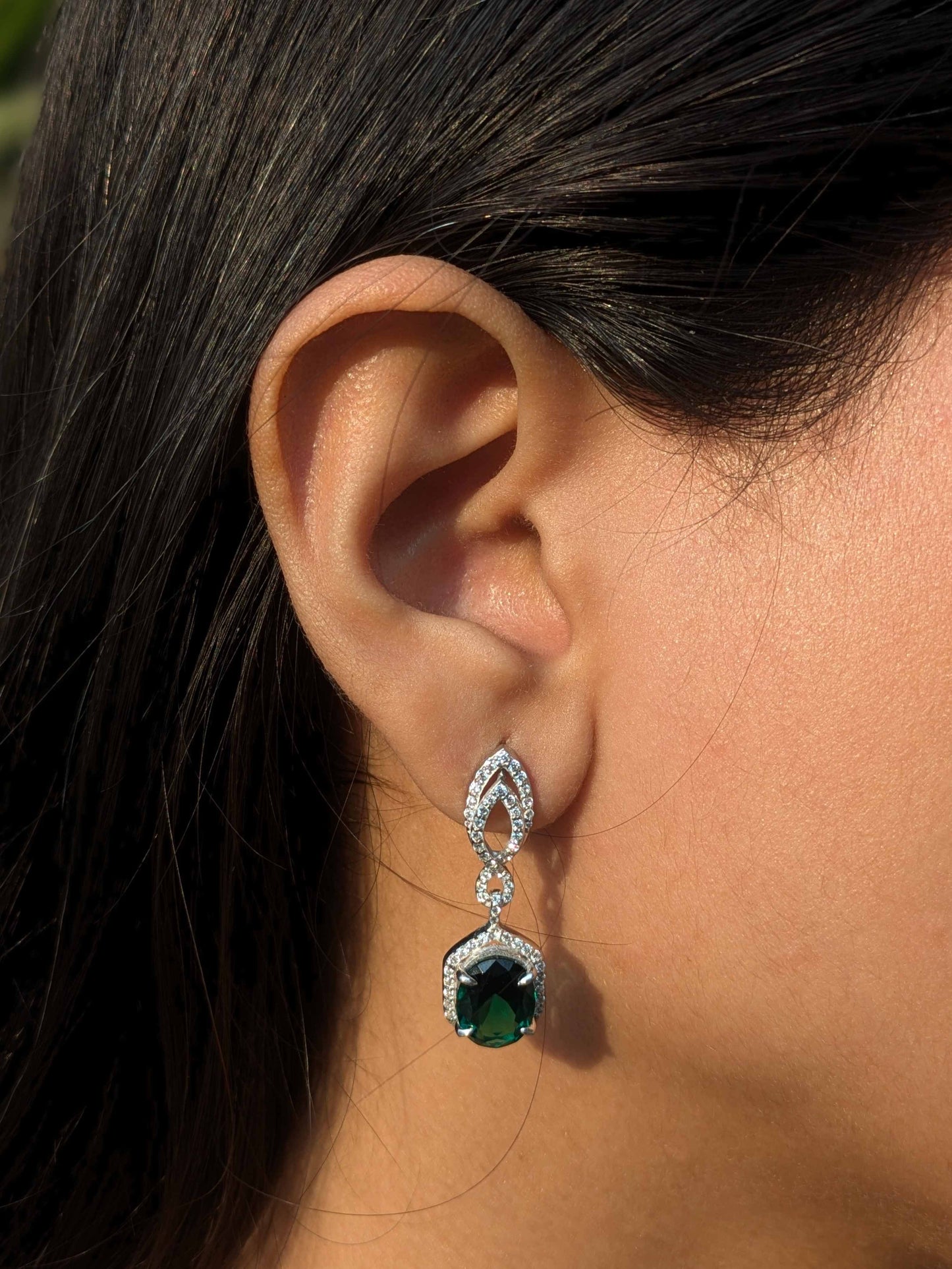 Green Oval Silver Dangler Earrings