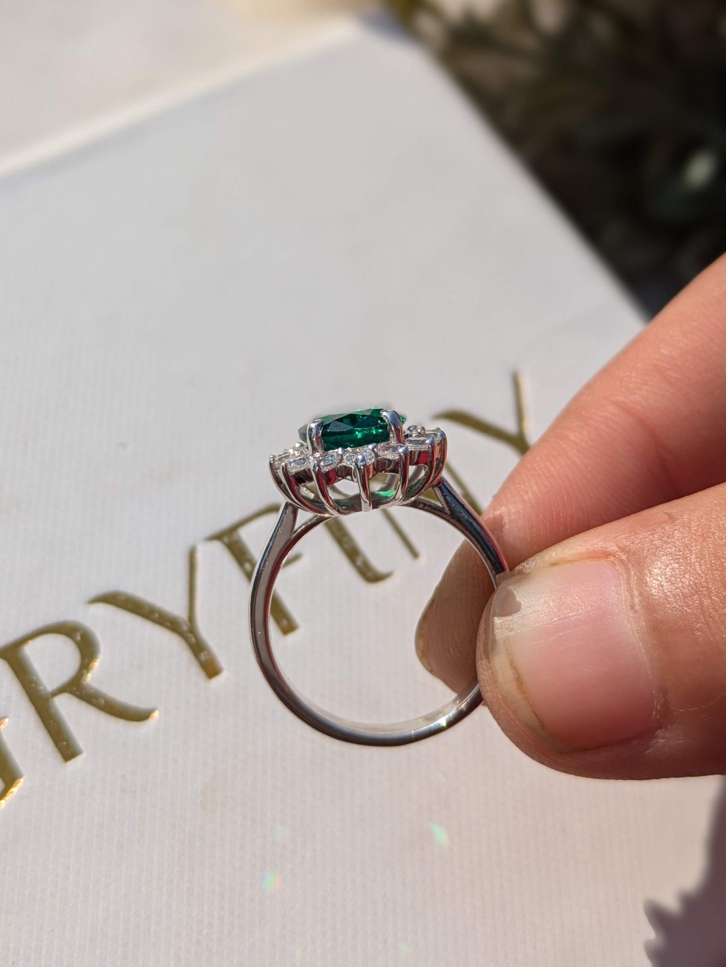 Green Emerald Oval Halo Solitaire Silver Ring