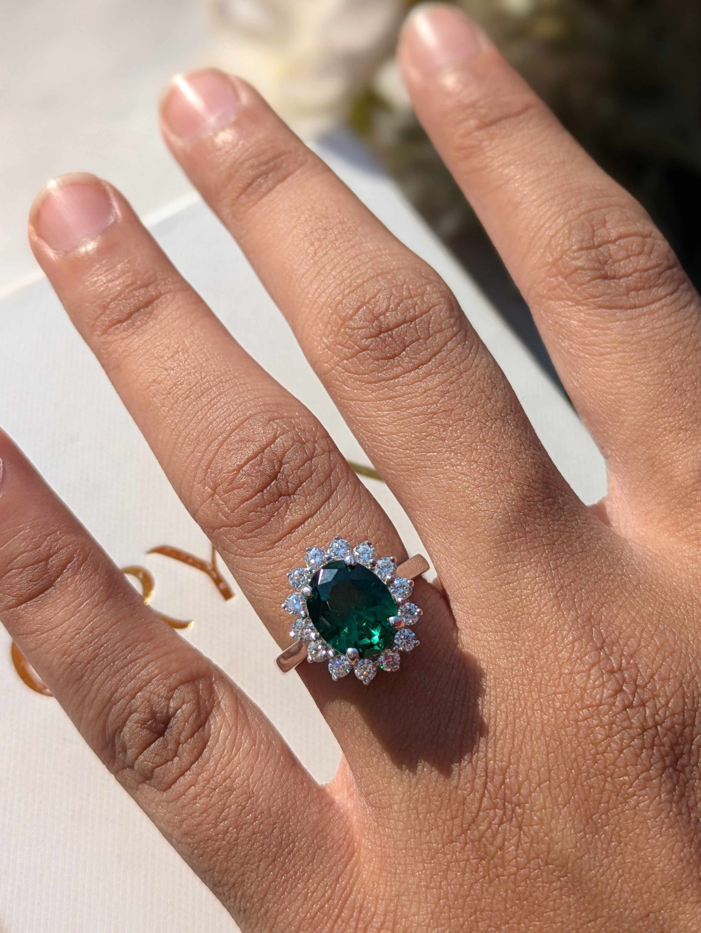 Green Emerald Oval Halo Solitaire Silver Ring