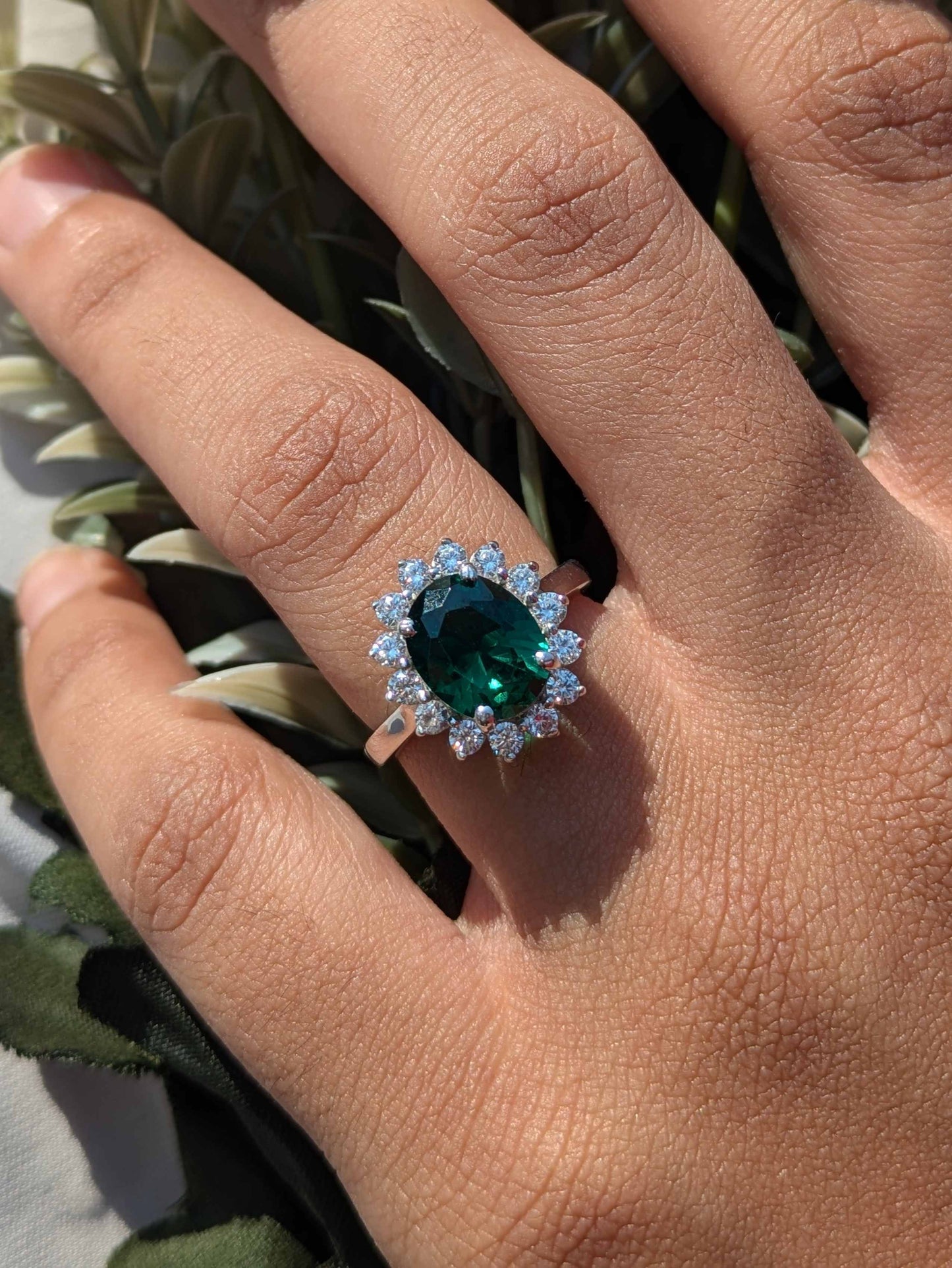 Green Emerald Oval Halo Solitaire Silver Ring
