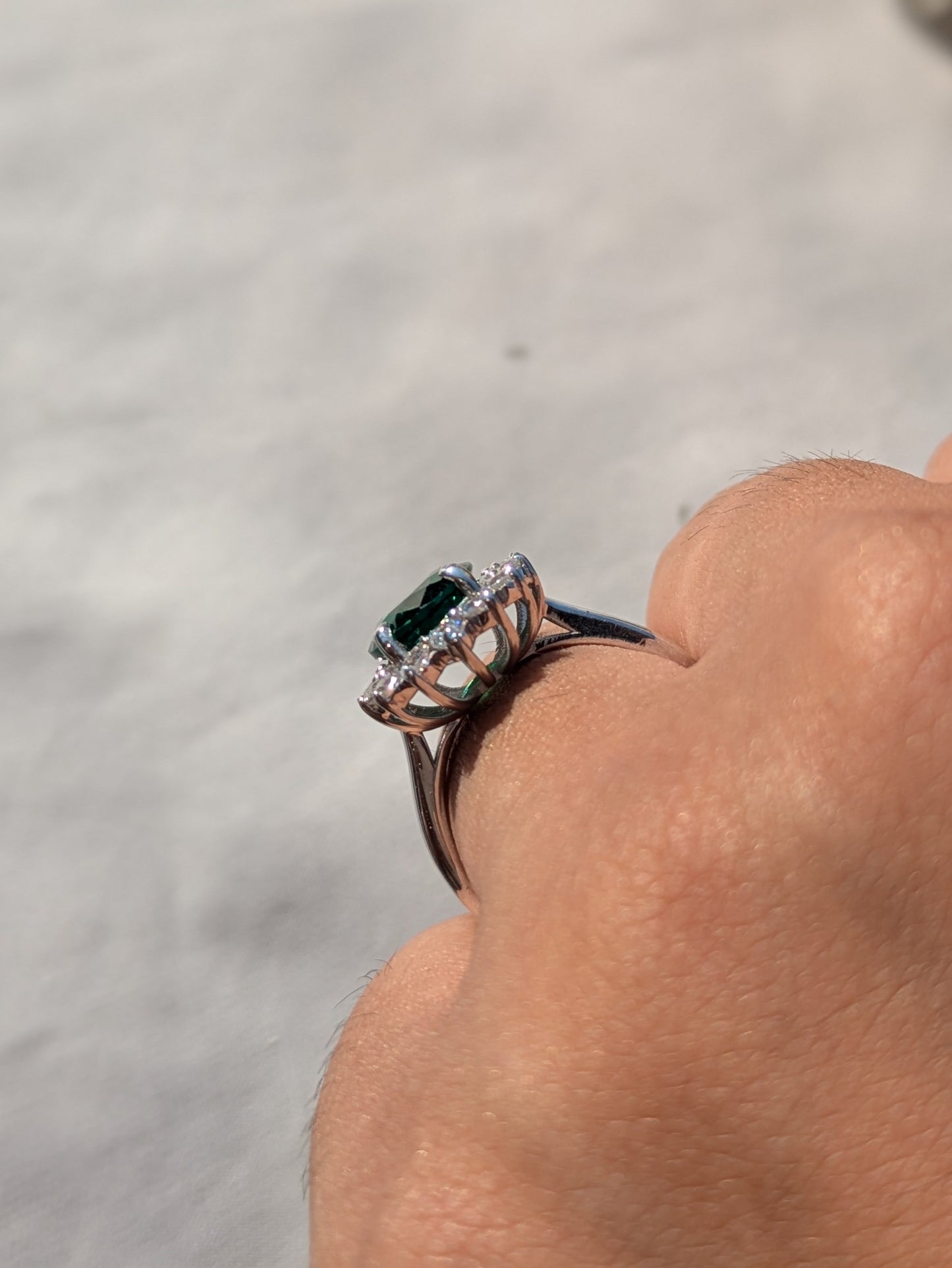 Green Emerald Oval Halo Solitaire Silver Ring