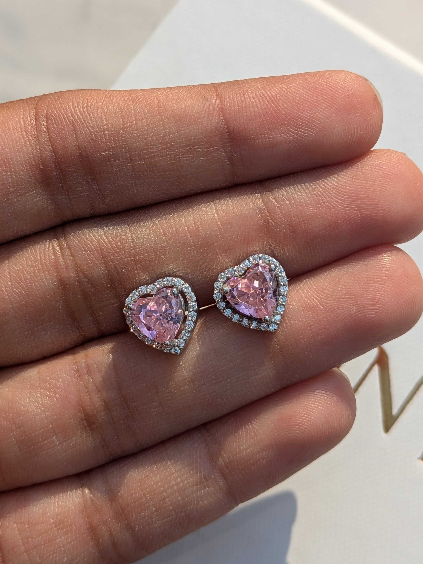 Ice Crushed Pink Heart Halo Silver Earring