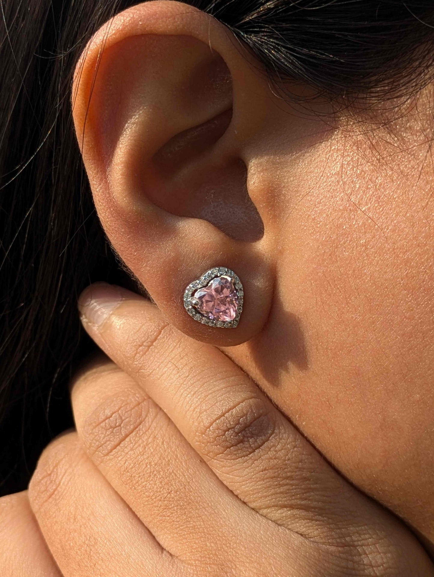 Ice Crushed Pink Heart Halo Silver Earring