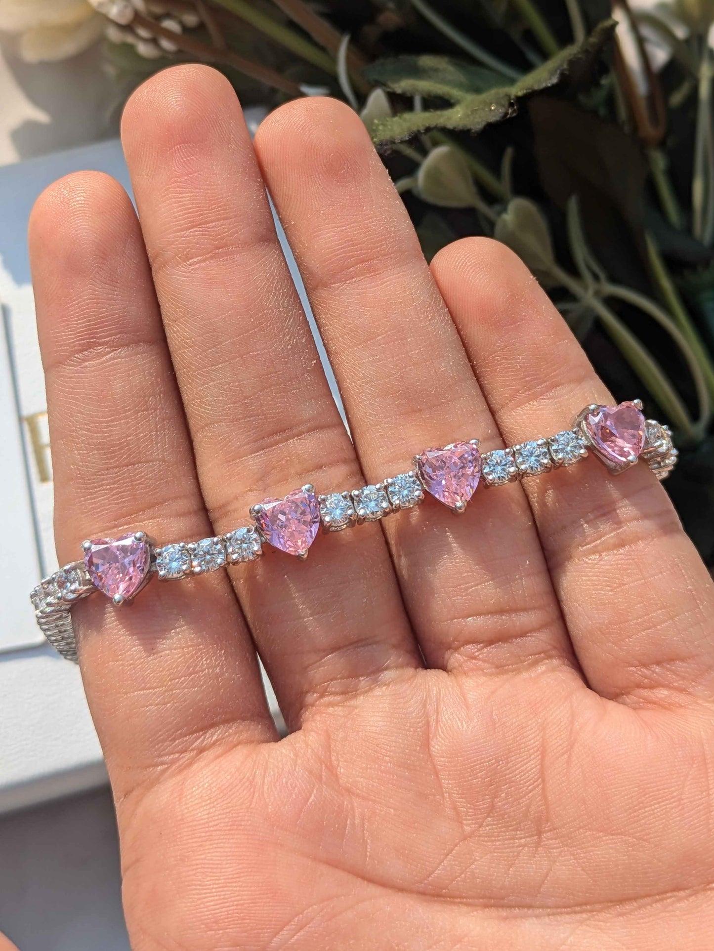 Pink Ice Crushed Heart Tennis Silver Bracelet