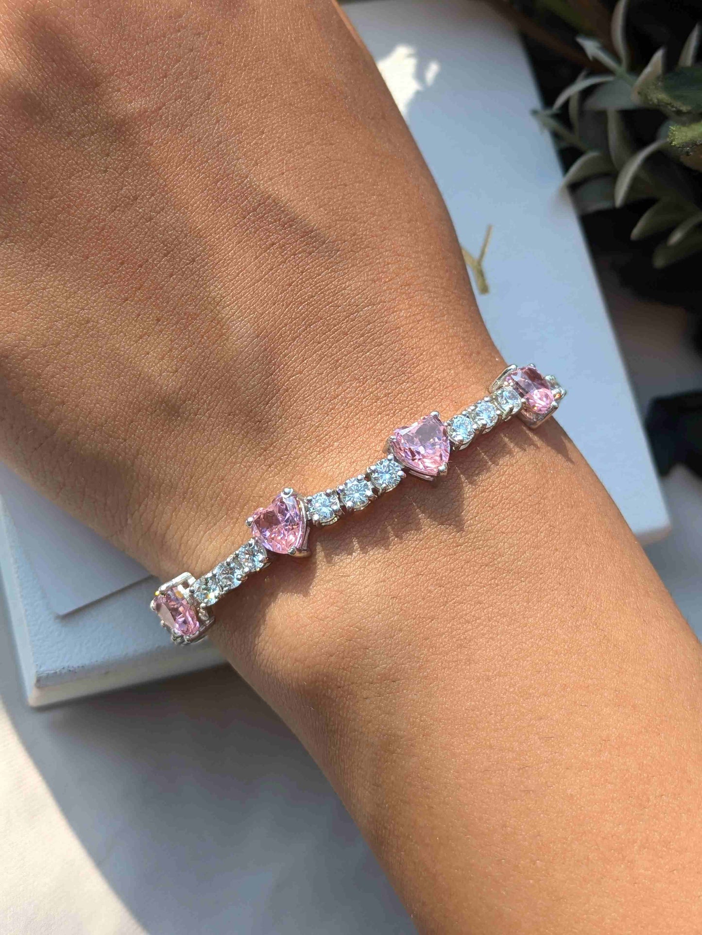Pink Ice Crushed Heart Tennis Silver Bracelet