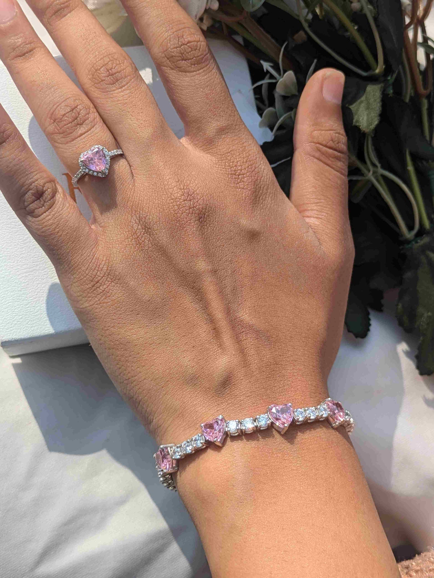 Pink Ice Crushed Heart Tennis Silver Bracelet