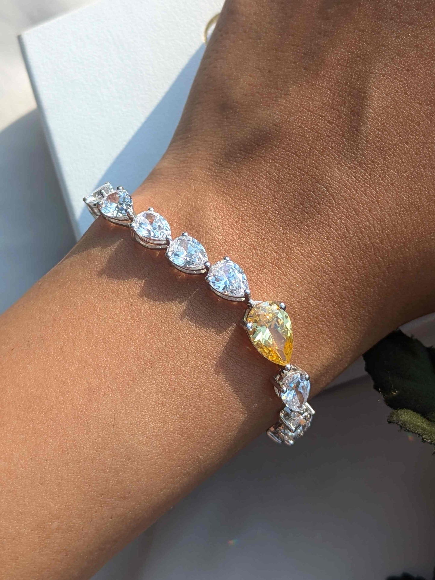 Yellow Citrine Pear Tennis Silver Bracelet