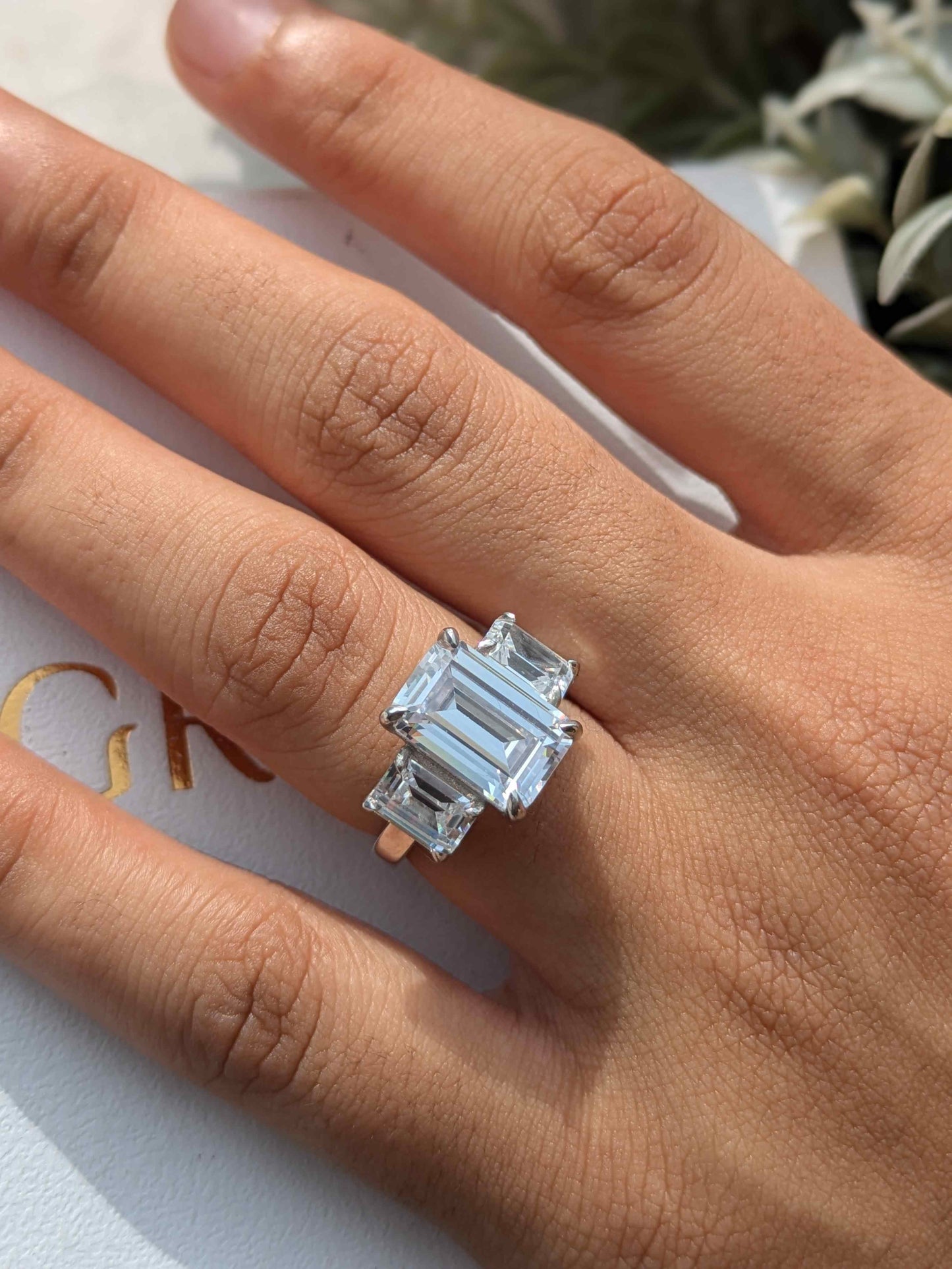 Emerald 3-Stone Solitaire Silver Ring