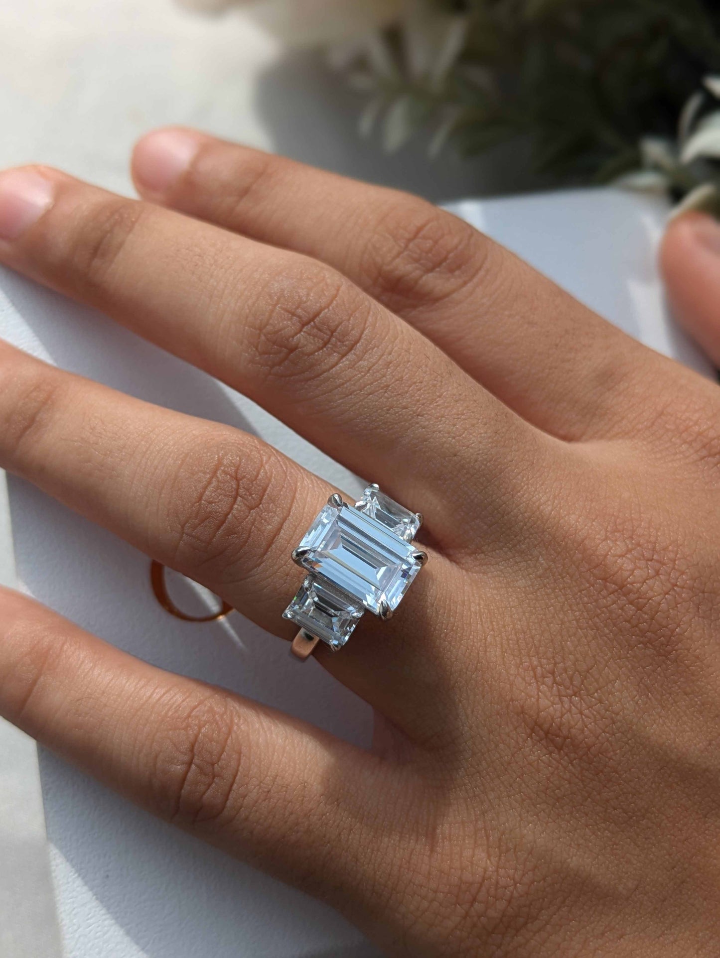 Emerald 3-Stone Solitaire Silver Ring