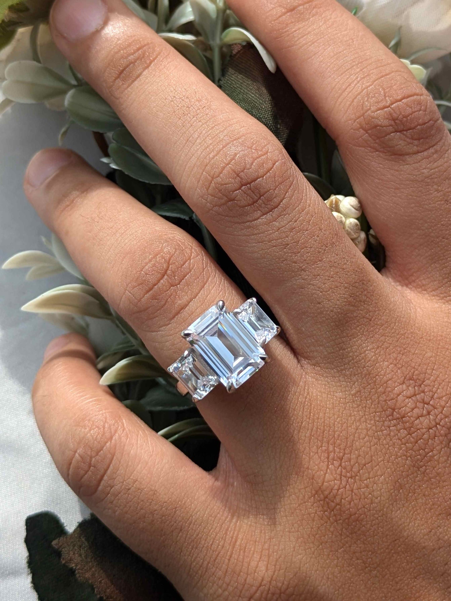 Emerald 3-Stone Solitaire Silver Ring