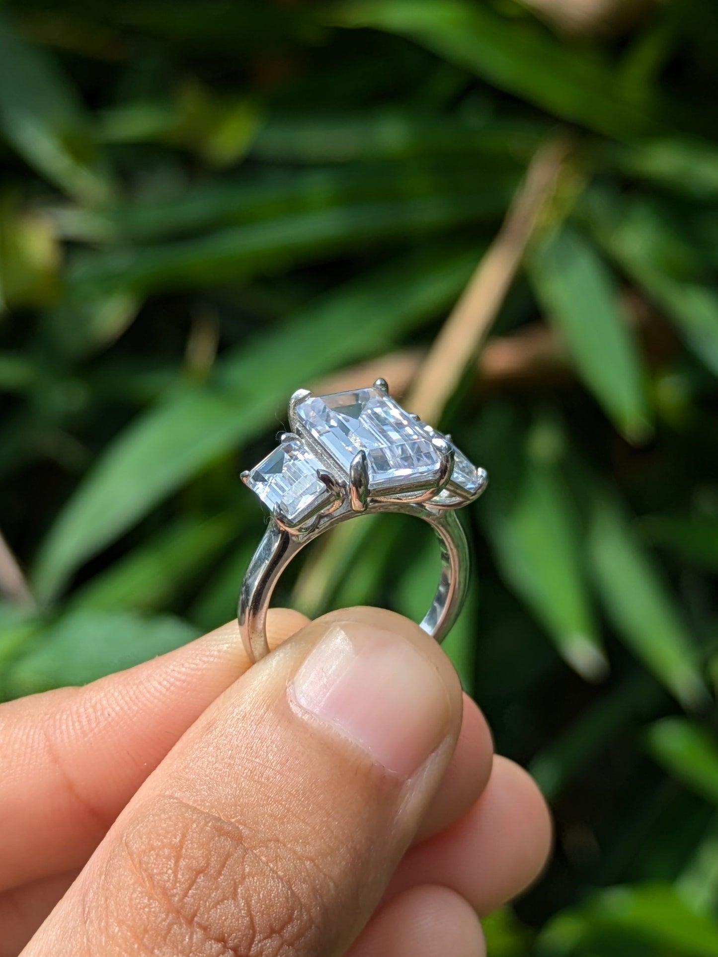 Emerald 3-Stone Solitaire Silver Ring