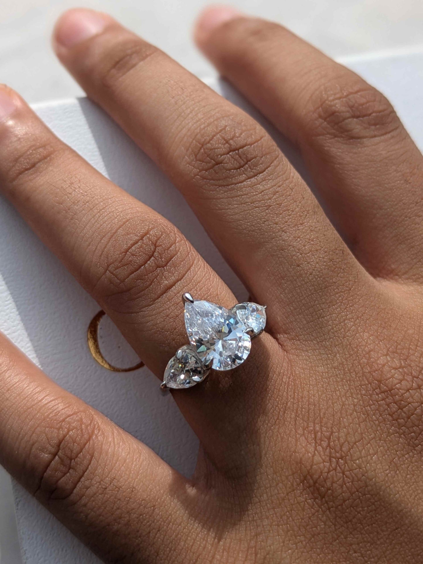 Pear 3-Stone Solitaire Silver Ring