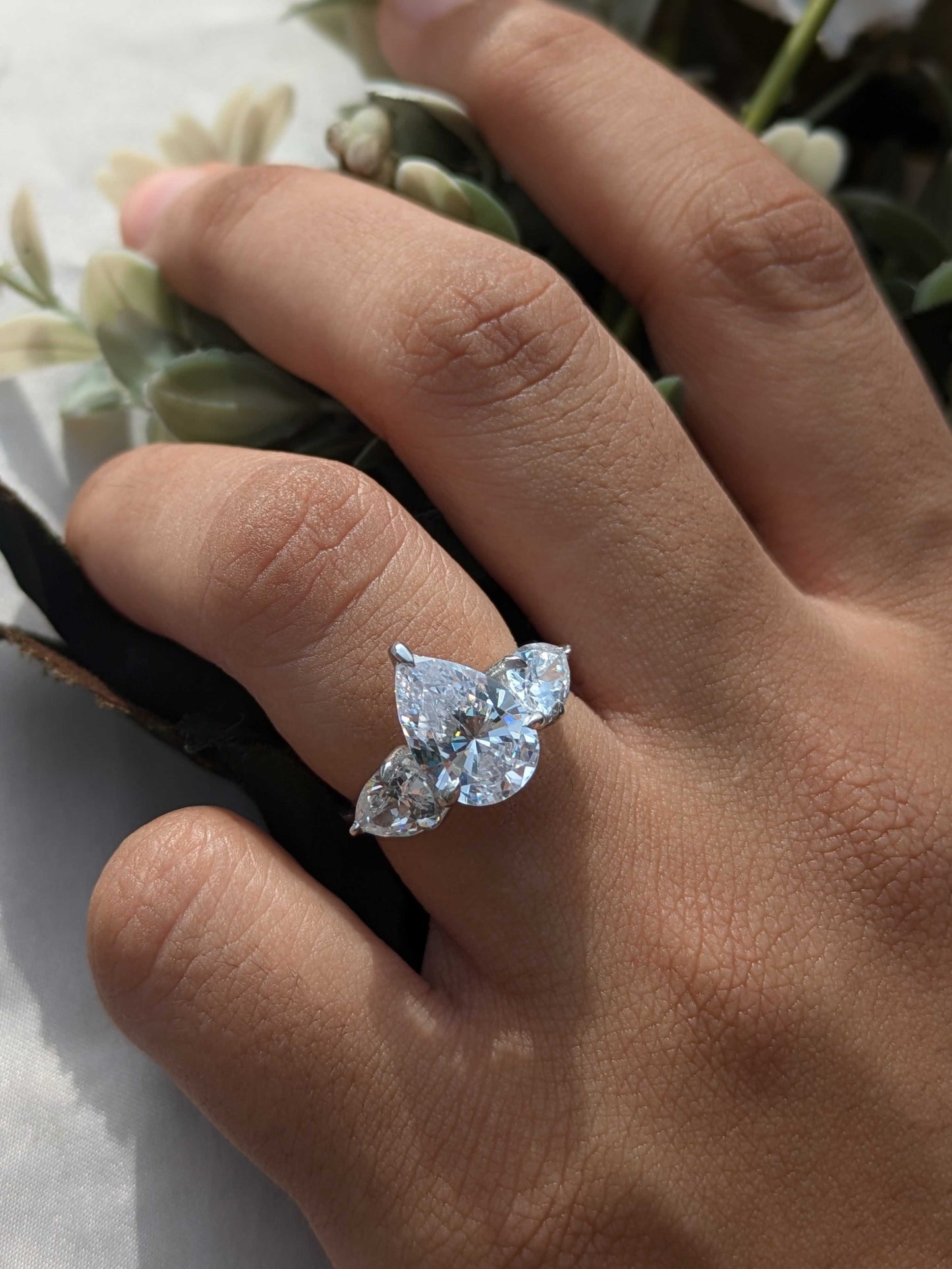 Pear 3-Stone Solitaire Silver Ring