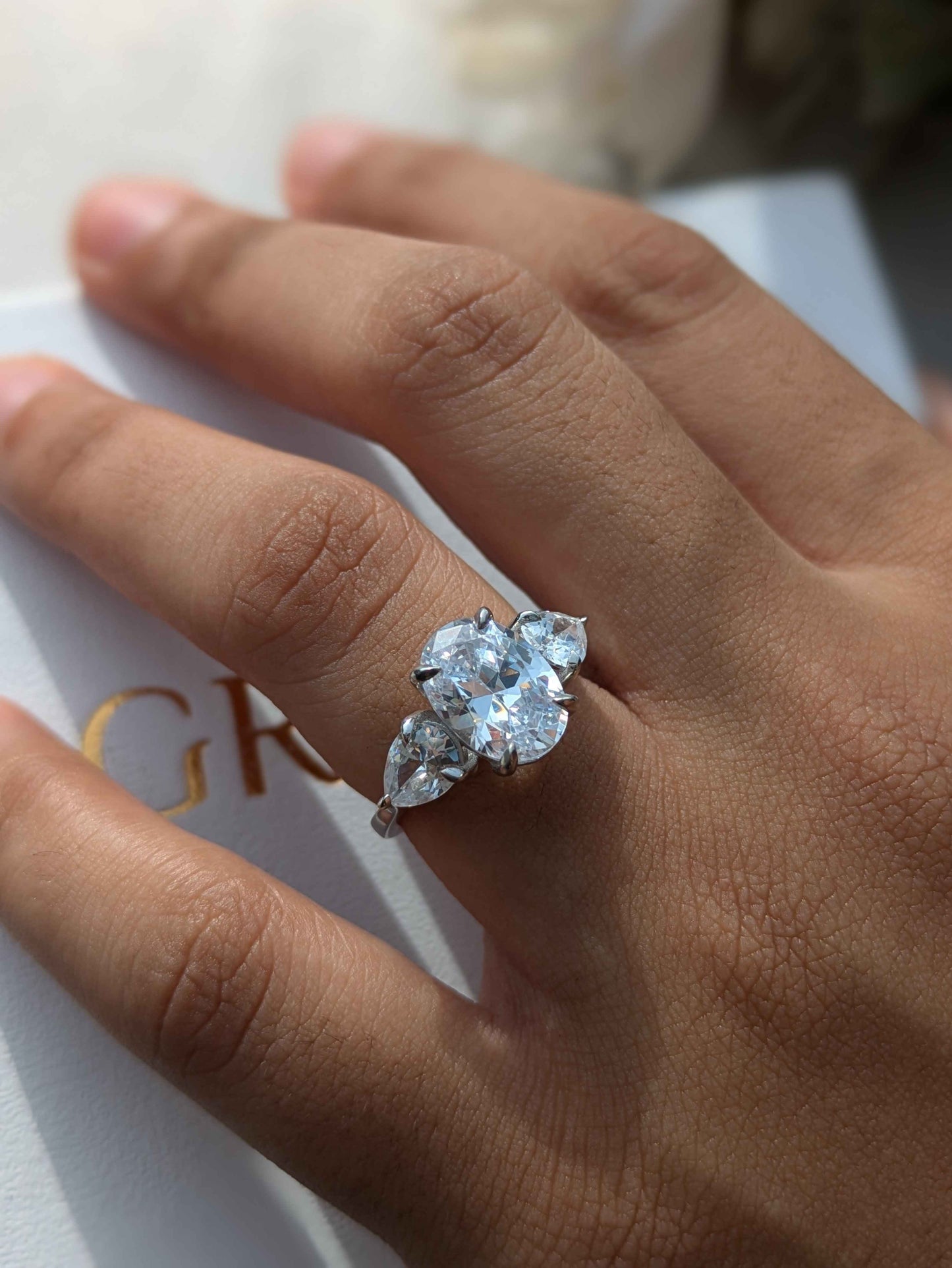 Oval 3-Stone Solitaire Silver Ring