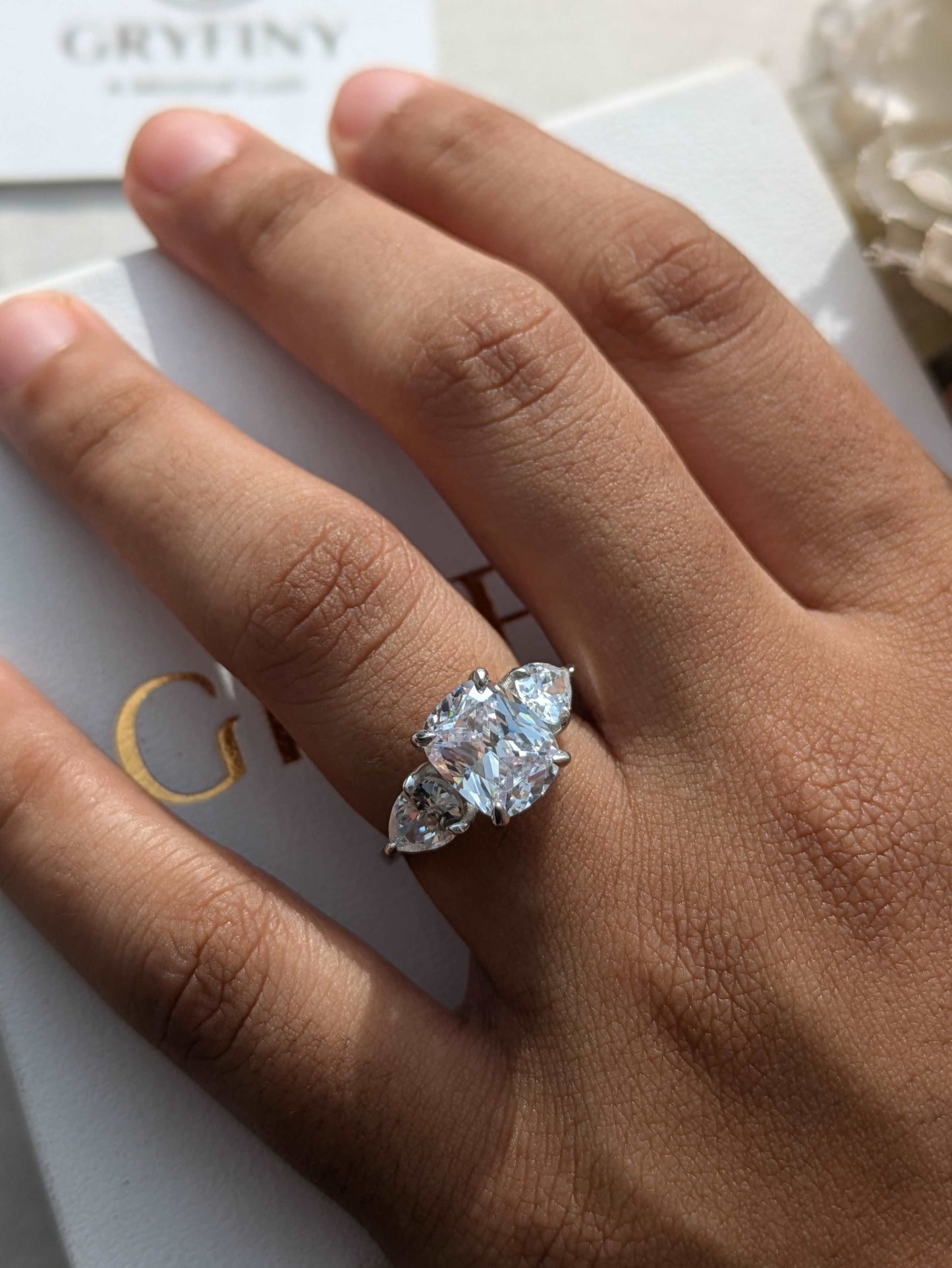 Cushion 3-Stone Solitaire Silver Ring