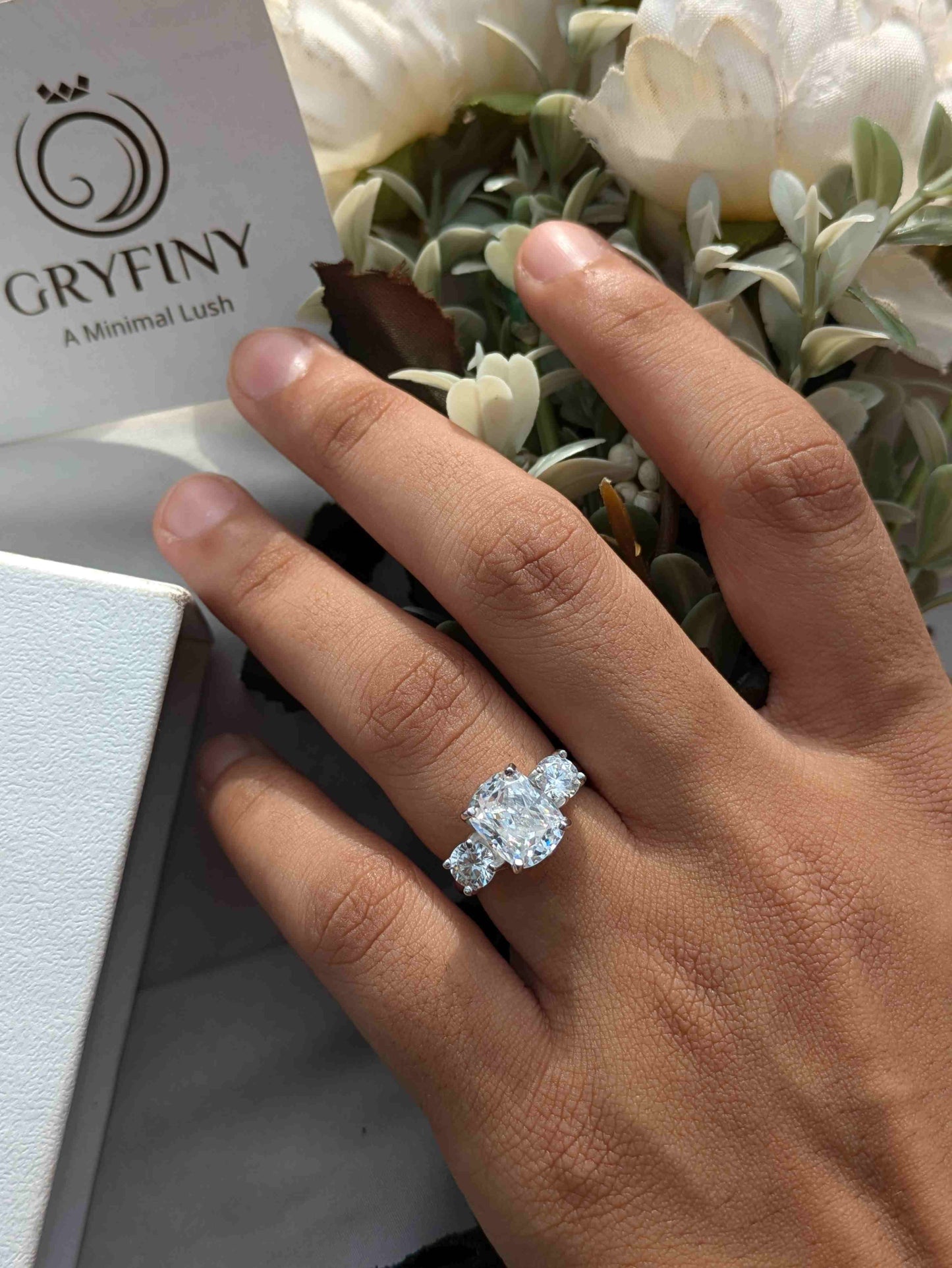 Cushion & Round 3-Stone Solitaire Silver Ring