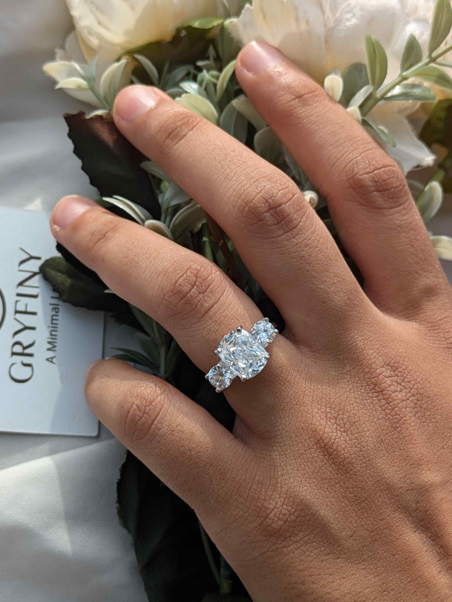 Cushion & Round 3-Stone Solitaire Silver Ring