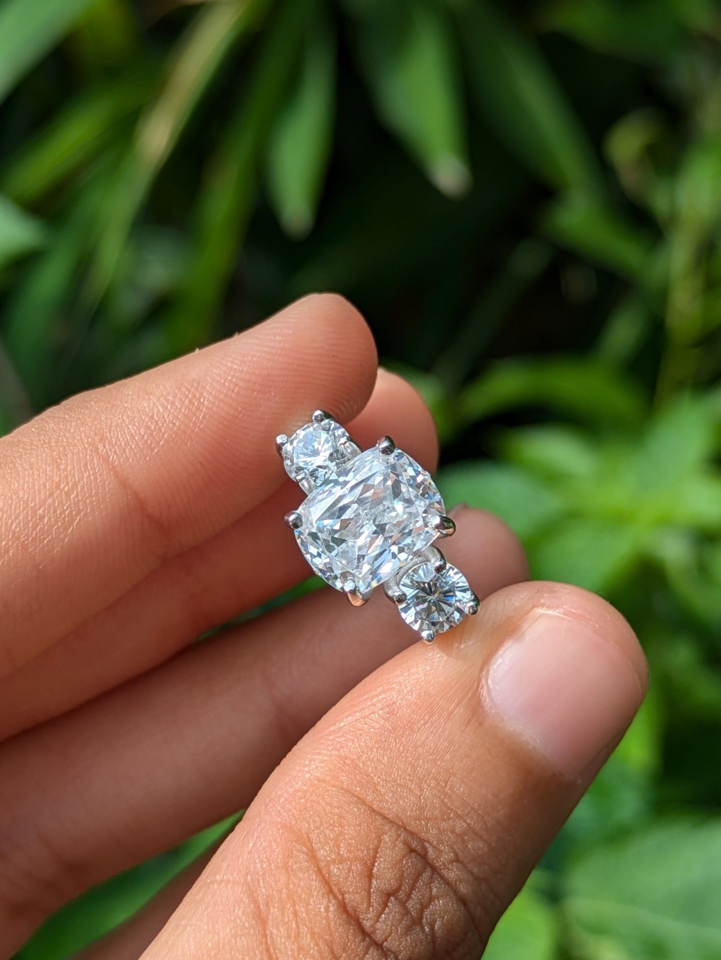 Cushion & Round 3-Stone Solitaire Silver Ring