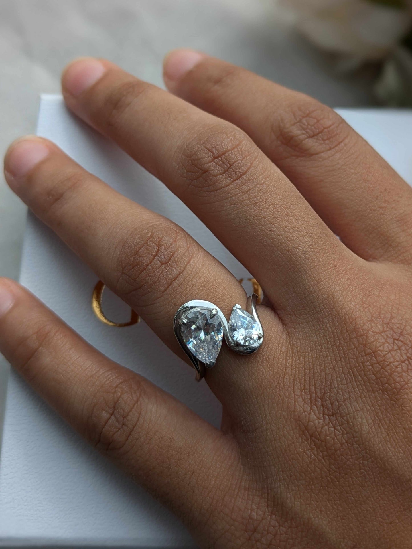 Pear Toi Et Moi Solitaire Silver Ring