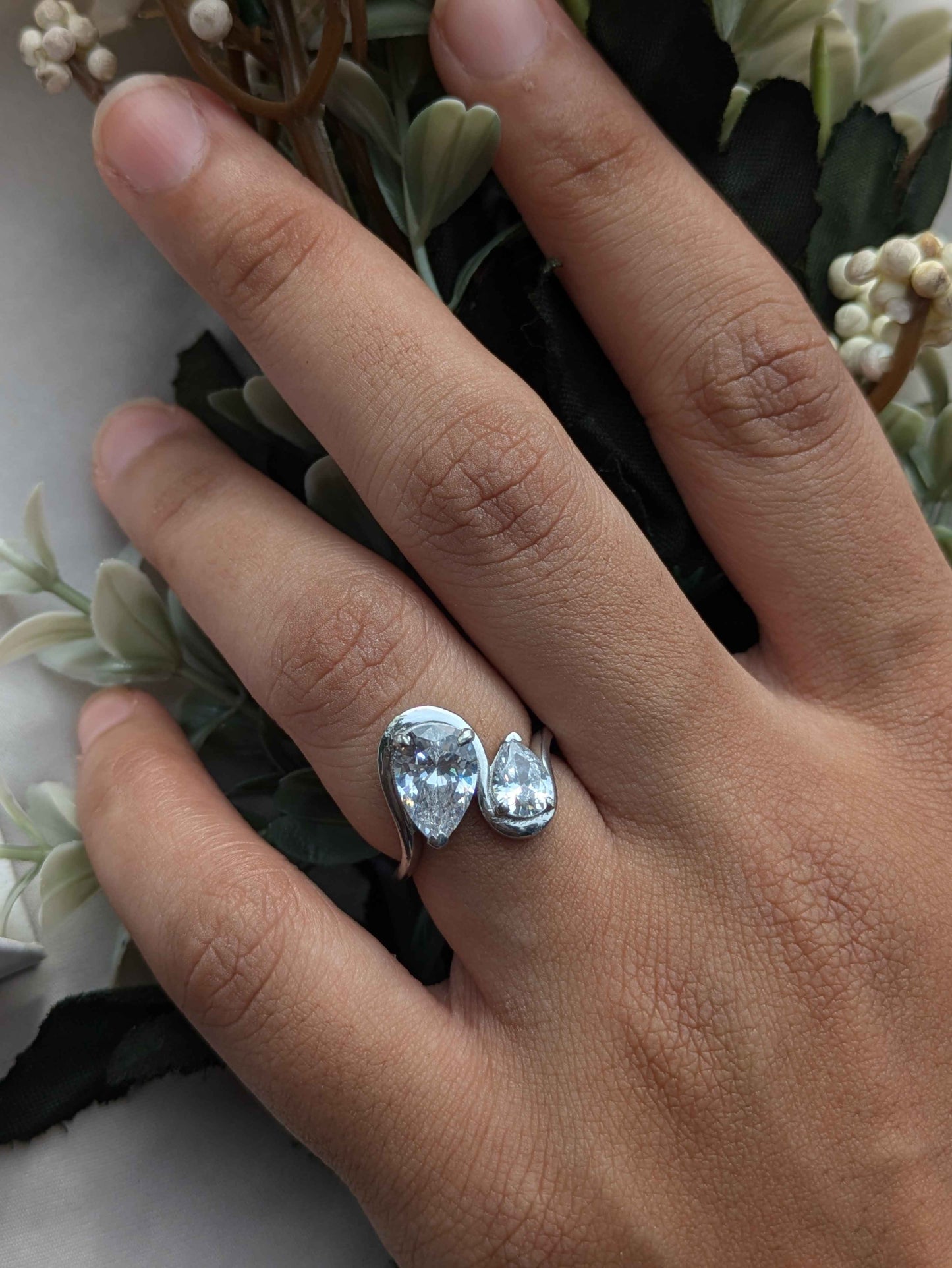 Pear Toi Et Moi Solitaire Silver Ring