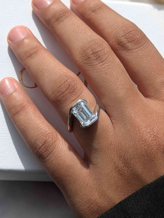 Zoey Emerald Half Bezel Solitaire Silver Ring