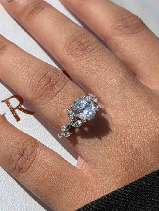 Casey Floral Shank Oval Silver Solitaire Ring