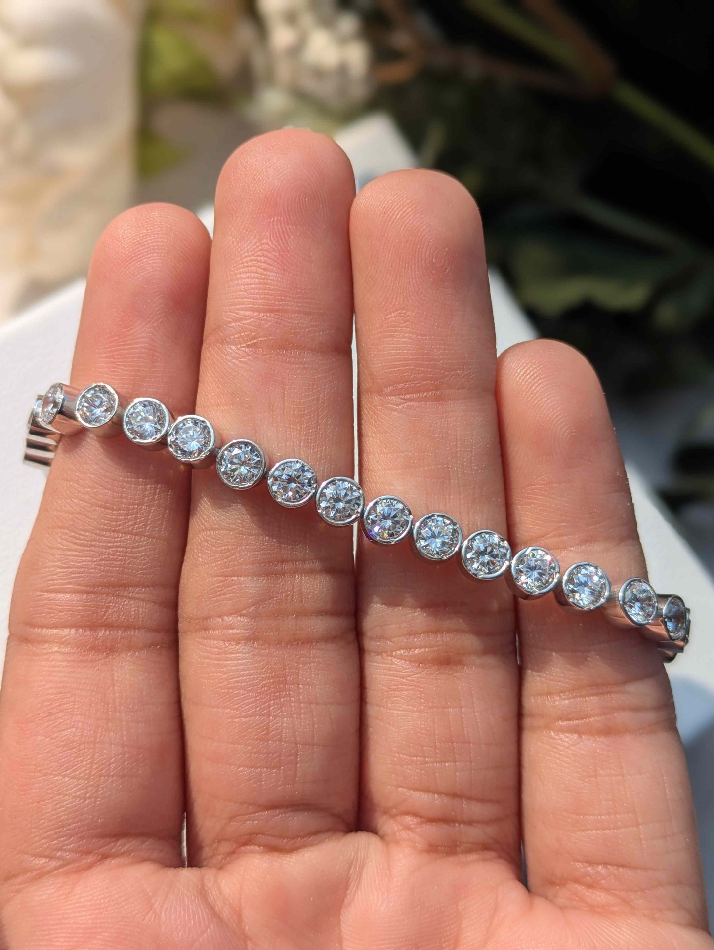 Round Bezel Set Tennis Silver Bracelet For Women