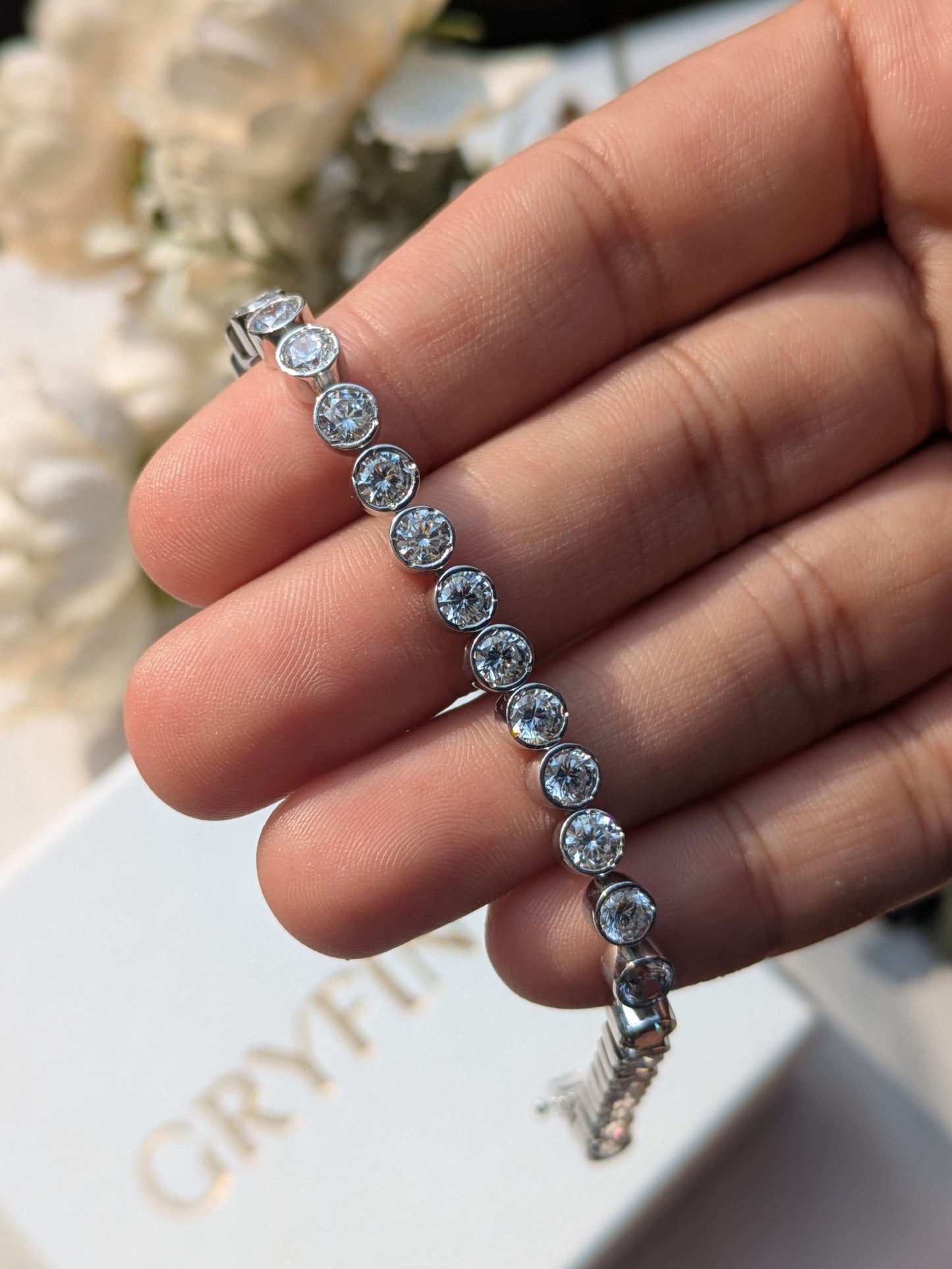 Round Bezel Set Tennis Silver Bracelet For Women