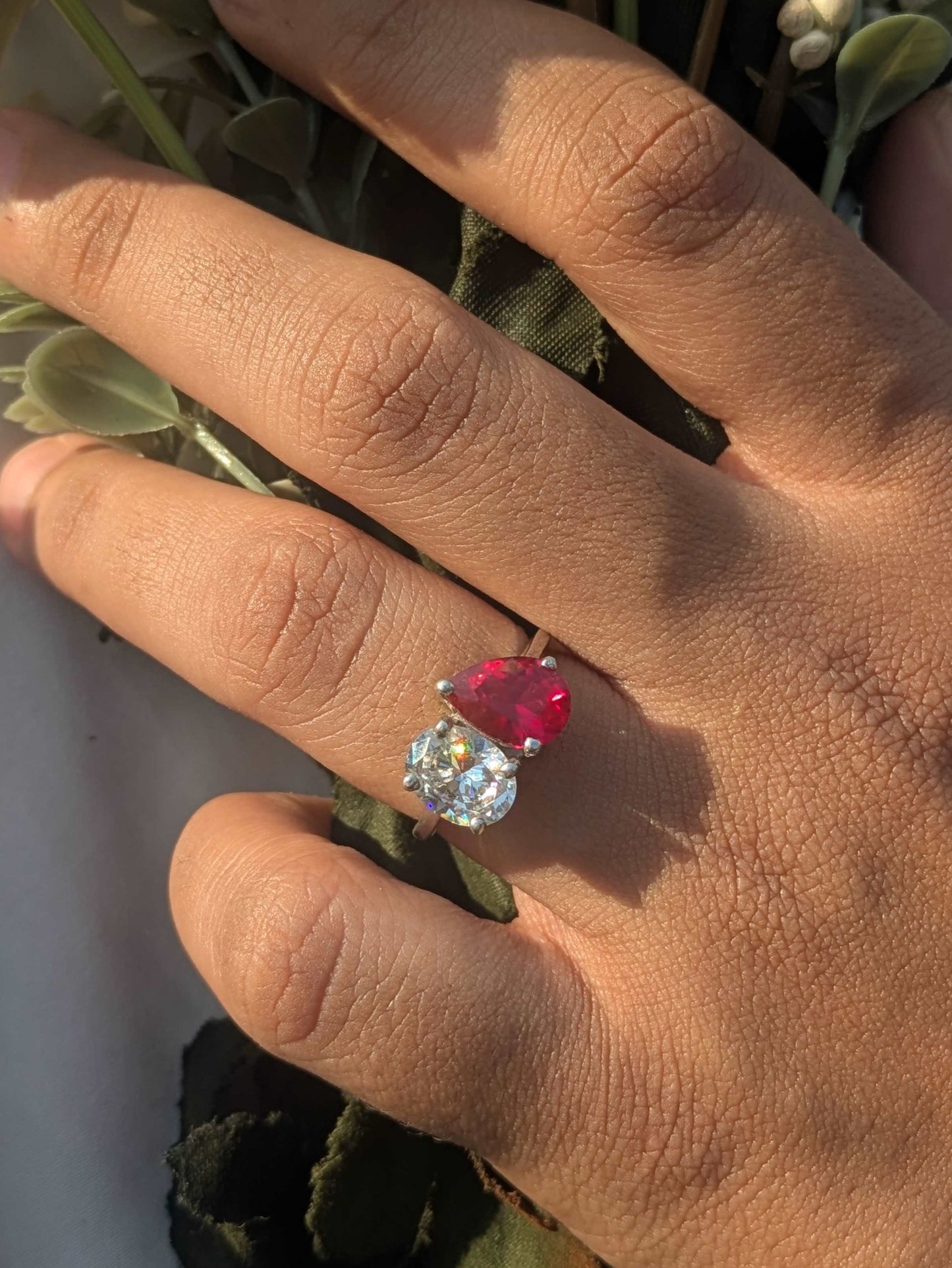 4Ct Red Ruby Pear & Oval Toi Et Moi Silver Ring For Women