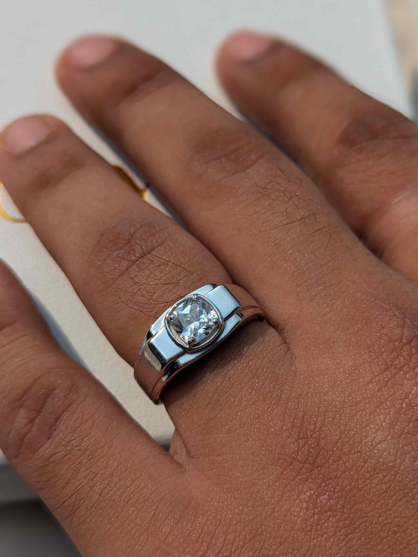 Cushion Cut Step-up Mens Silver Engagement Ring