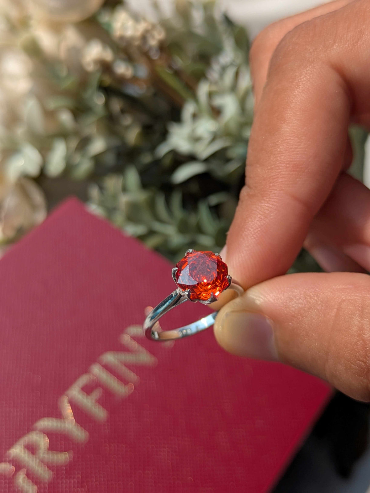 2Ct Fire Red Rose Cut Tulip Setting Silver Solitare Ring For Women