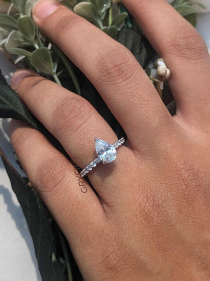 Monica Small Pear Solitaire Silver Ring