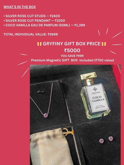 Pink Rose Cut Silver Earrings & Pendant Gift Set For Her
