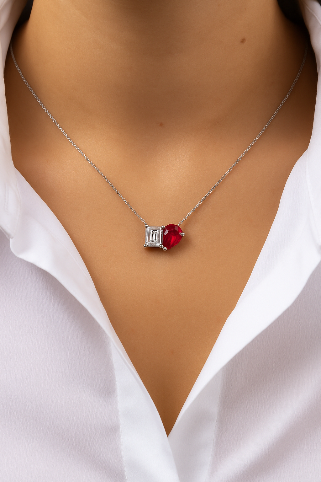 Ruby Pear Toi Et Moi Silver Pendant For Women