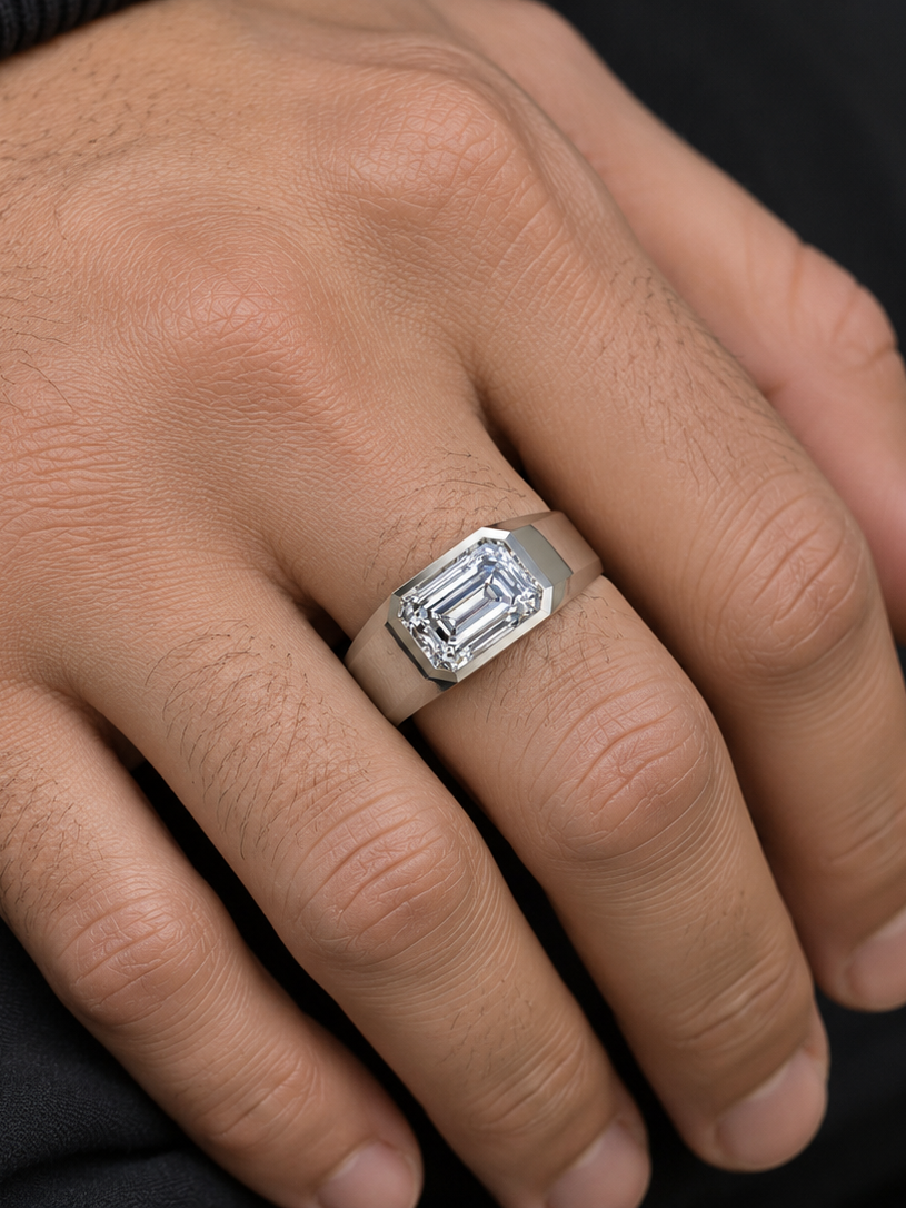 1.8Ct Emerald Bezel Silver Engagement Ring For Men