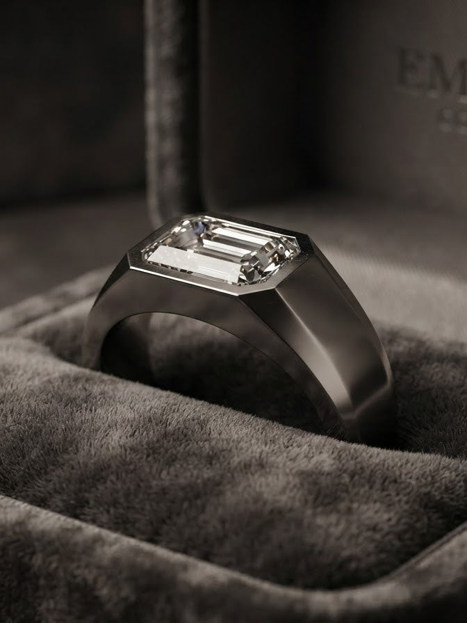 1.8Ct Emerald Bezel Silver Engagement Ring For Men