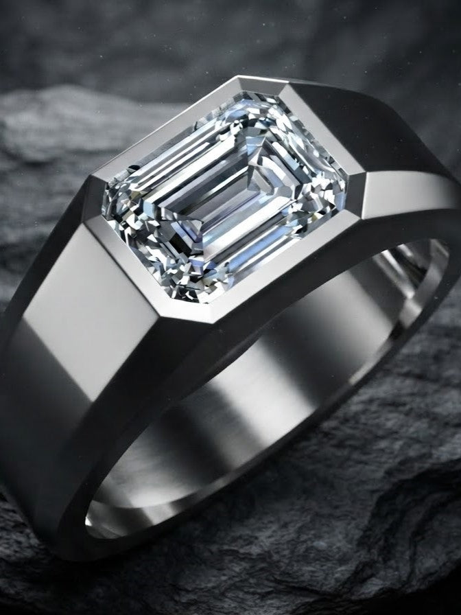 1.8Ct Emerald Bezel Silver Engagement Ring For Men