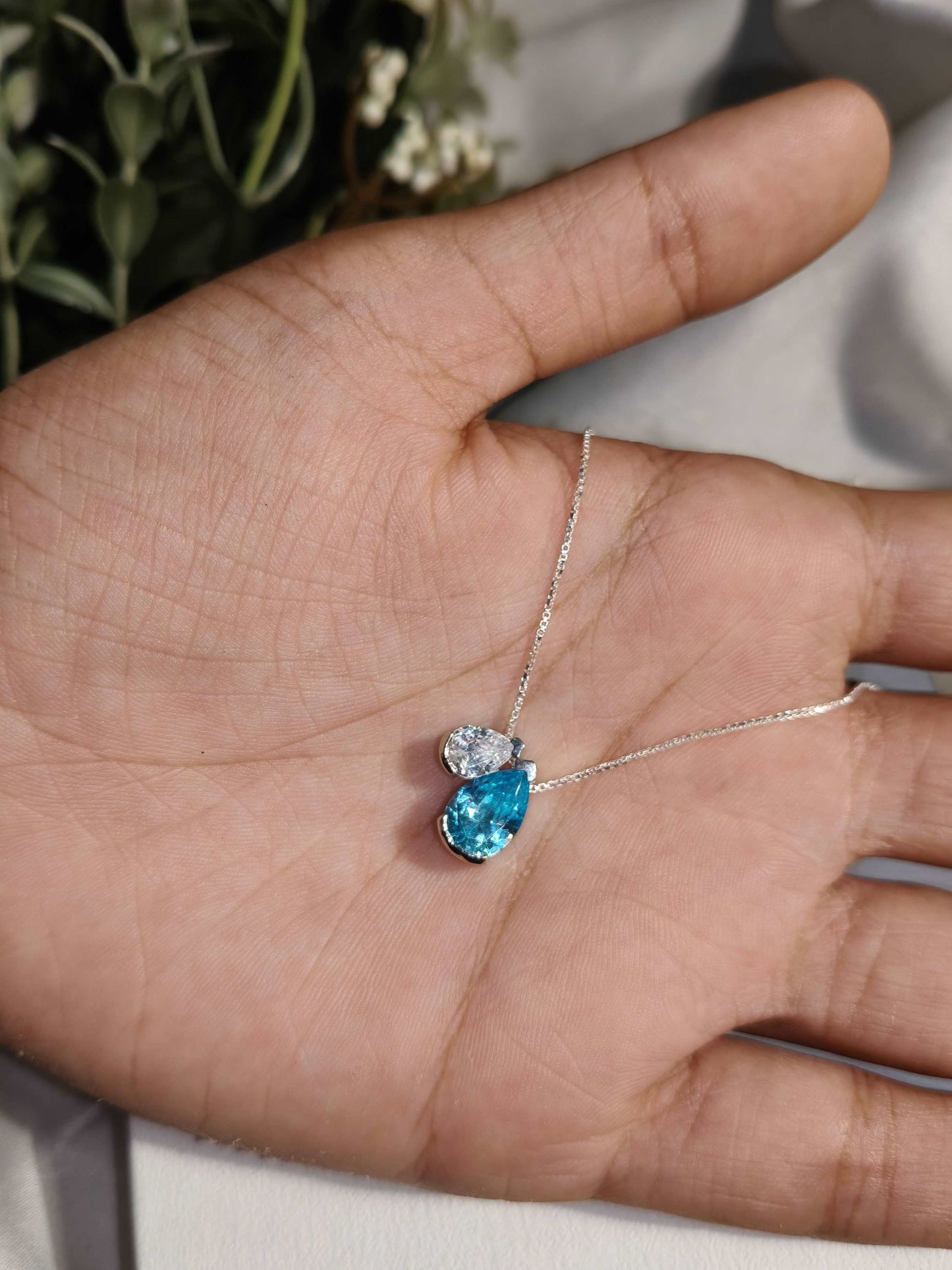Aqua Blue Pear Toi Et Moi Silver Pendant