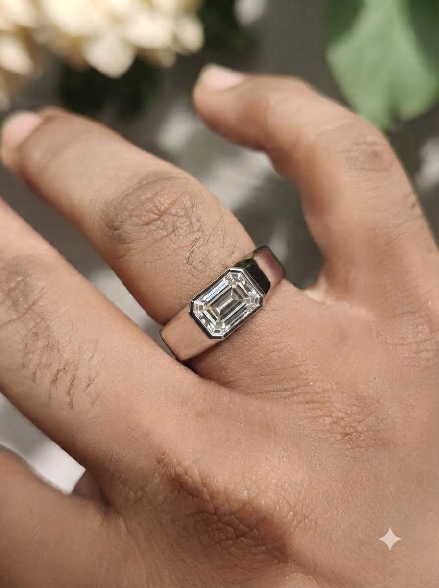 1.8Ct Emerald Bezel Silver Engagement Ring For Men