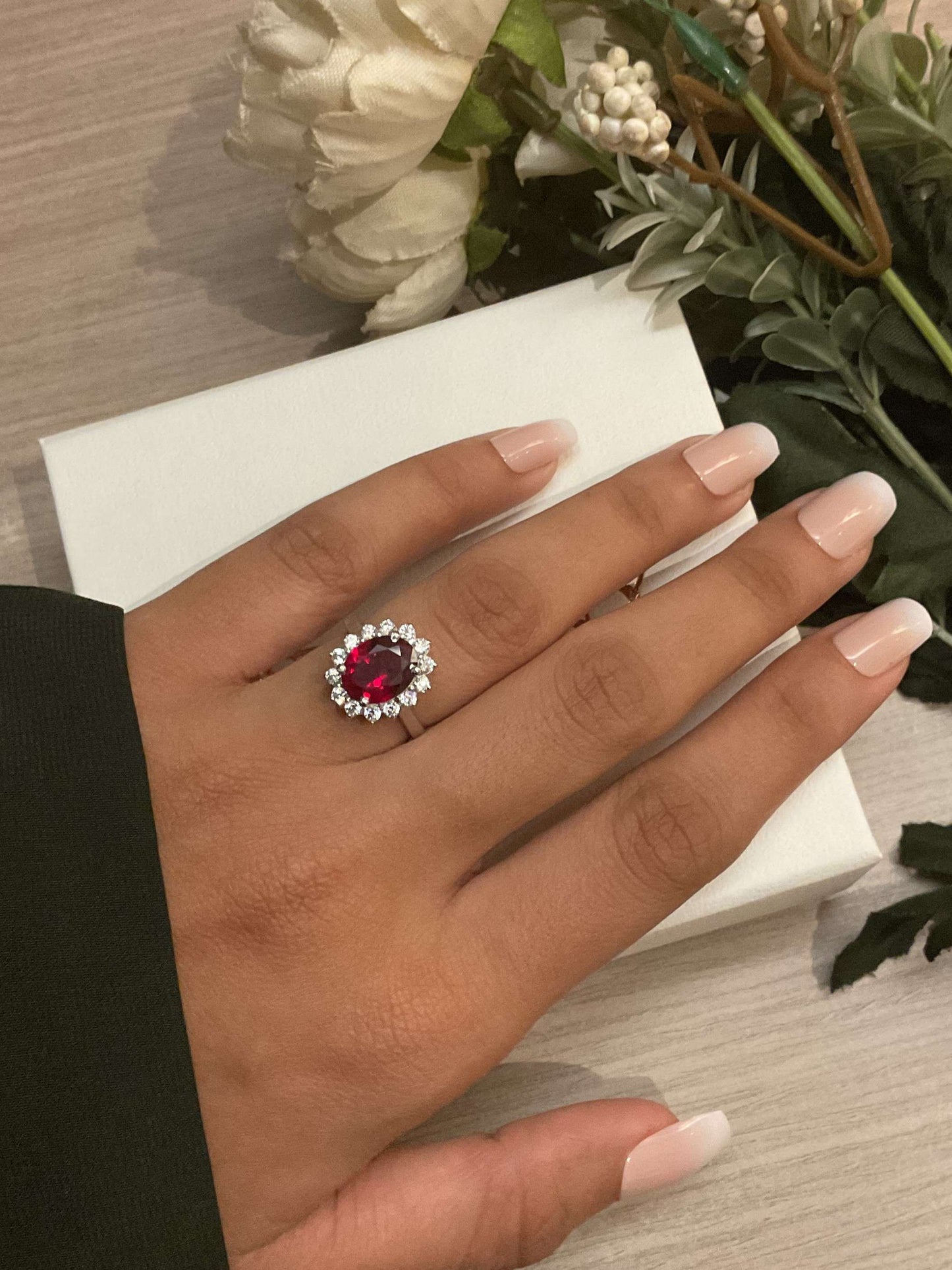 Ruby Red Halo Oval Solitaire Silver Ring