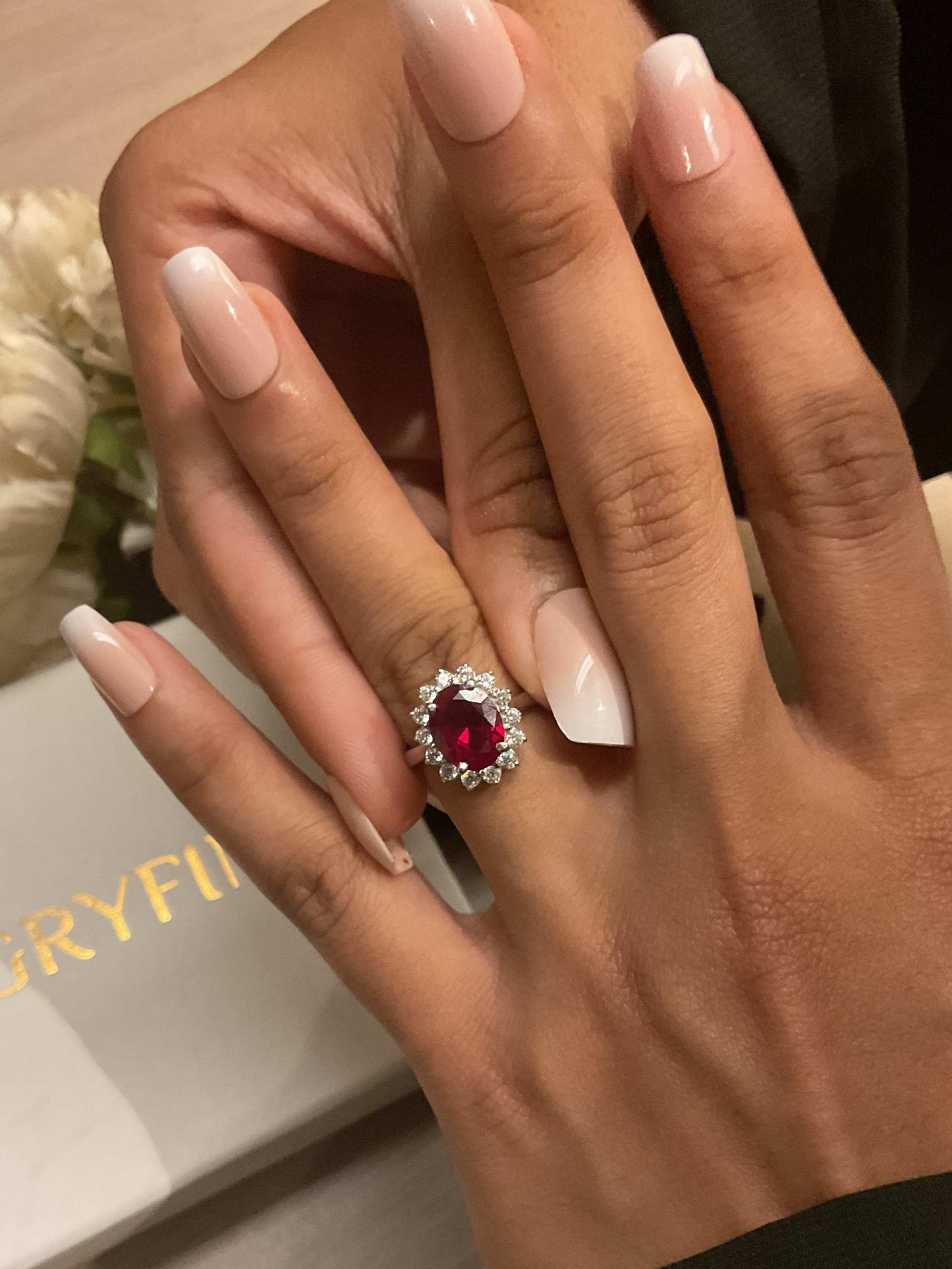 Ruby Red Halo Oval Solitaire Silver Ring