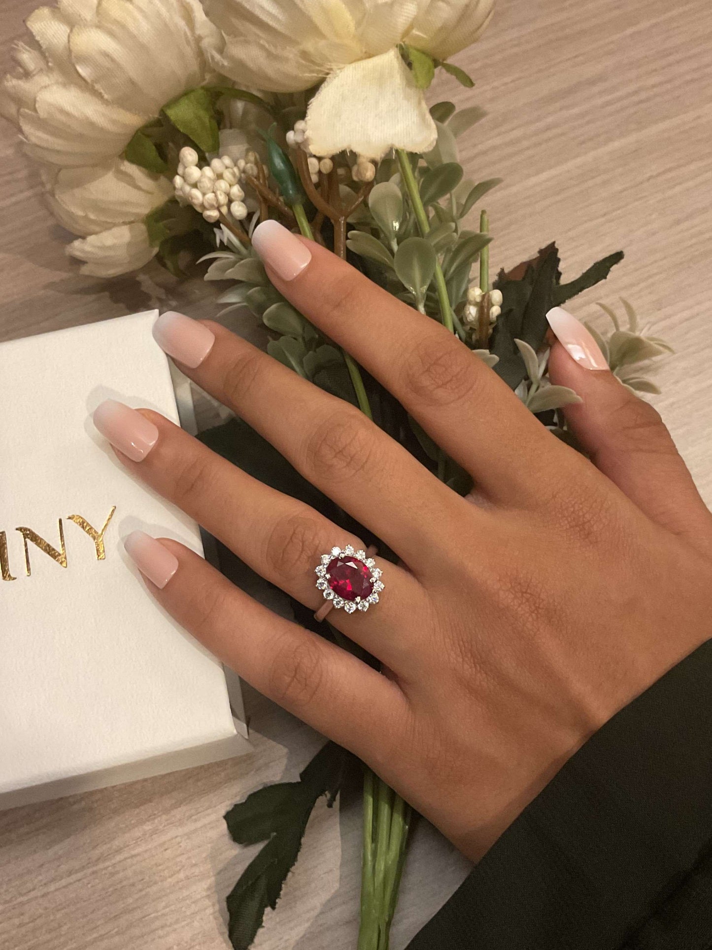 Ruby Red Halo Oval Solitaire Silver Ring